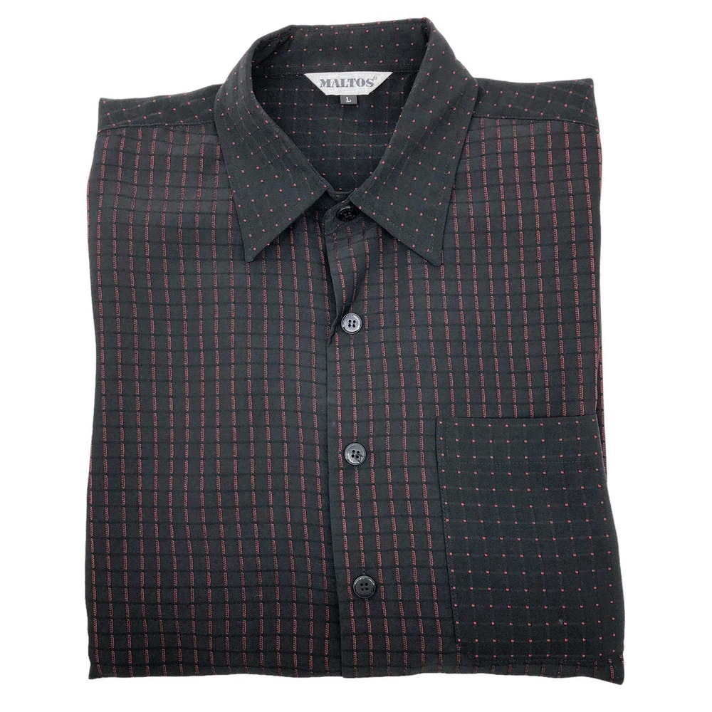 Maltos Men's Button Front Shirt Size L Swiss Dot Jacquard Check Black & Red S134